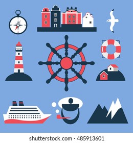 Tourism concept image sea vacation flat vector icons sea cruise