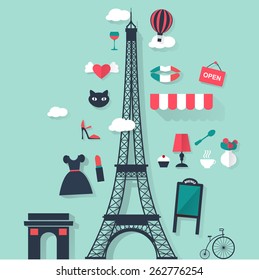 Tourism concept image.Holidays and vacation flat vector french icons 