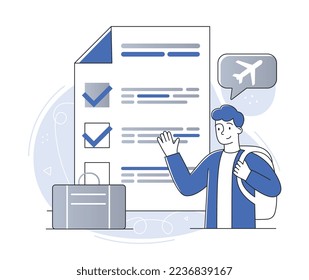 Tourism concept. Male character enters into contract with travel company. Trip and adventure, active lifestyle. Holiday and vacation. Character with plane tickets. Cartoon flat vector illustration