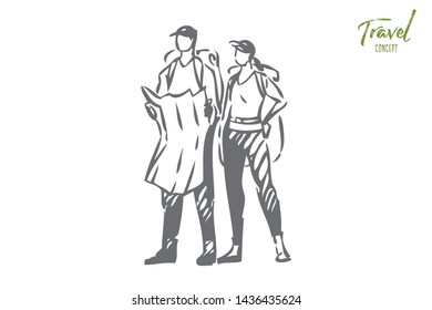 Tourism concept sketch. Couple looking for way on map. Tourists hiking in wilderness. Going on camping trip together. Traveling through forest, woods, mountains. Isolated vector illustration