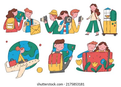 Tourism concept with travelers. Hand drawn flat set of illustrations isolated on white. World tourism day.