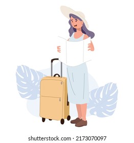 Tourism concept.adventure tourism.female traveler with luggage is using a map.Flat cartoon character vector illustration.