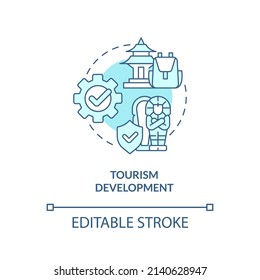 Tourismus Entwicklung Türkis Konzept Symbol. Lokale Wahrzeichen. Bewahrung des Kulturerbes Abstrakte Idee dünne Linie Illustration. Einzeln Umrisszeichnung. Bearbeitbarer Strich. Arial, Myriad Pro Fett Schriftarten verwendet
