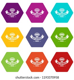 Tourism dirigible icons 9 set coloful isolated on white for web