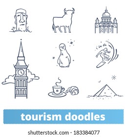 Tourism doodles: hand drawn icons of landmarks and travel signs. England, Italy, Spain, Antarctica, Pacific Ocean Coast, France, Egypt, Chile.