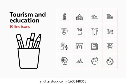 Tourism and education icons. Set of line icons. Book, sightseeing, geolocation. Travel concept. Vector illustration can be used for topics like landmark, journey, education