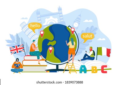 Tourism education in online school concept, vector illustration. Speak with translation communication in travel, student people person design. Flat foreign language culture background.