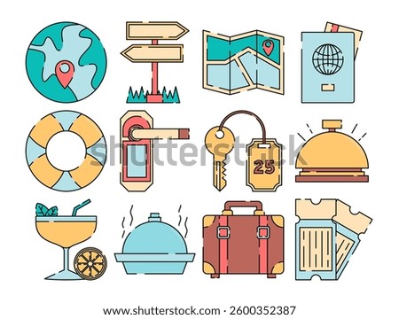 Tourism Element Icons Flat design style, a colorful set of travel-related icons including maps, luggage, hotel keys, and passports, perfect for travel guides, booking platforms, and tourism branding.