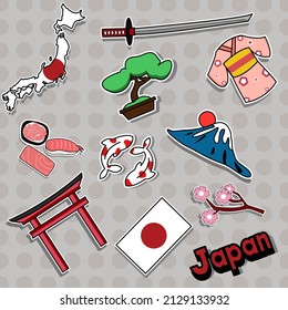 tourism elements of japan architecture and gastronomy vector sticker