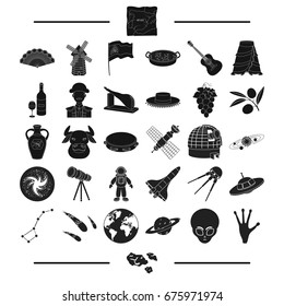 tourism, entertainment, music and other web icon in black style. Universe, Cosmos, ecology icons in set collection.