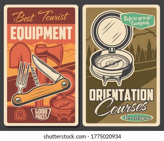 Tourism equipment, camp tent adventure and tourist, forest travel, vector trekking and hiking vintage posters. Forest camping, mountain expedition and scout school outdoor adventure equipment