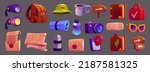 Tourism equipment, travel and hiking icons. Wooden signposts, map, backpack, flashlight and phone with gps pointer. Vector cartoon set of hat, book, first aid kit, camera, sunglasses and water bottle