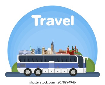 tourism europe and the world by bus attractions. flat style vector image