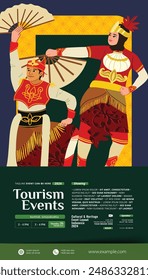 Diseño de evento turístico con la cultura indonesia Yogyakarta bailarina ilustración plana