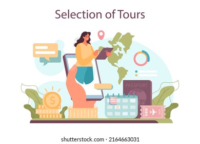 Tourism expert concept. Agent creating and selling personal travel tour. Vacation organization agency, resort and hotel booking. Isolated vector illustration