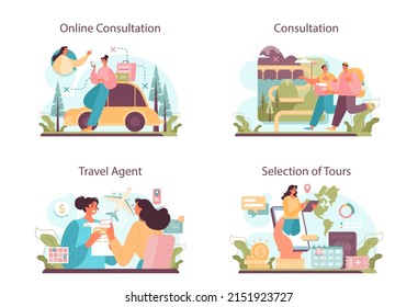 Conjunto de conceptos de expertos en turismo. Agente creando y vendiendo viajes personales. Agencia de organización de vacaciones, resort y reserva de hotel. Ilustración vectorial aislada