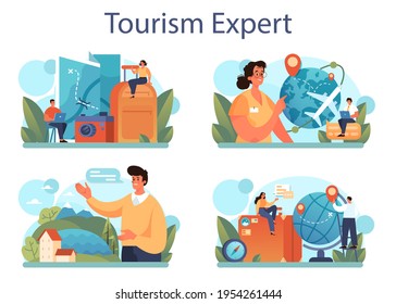 Tourism expert concept set. Travel agent selling tour, cruise, airway or railway