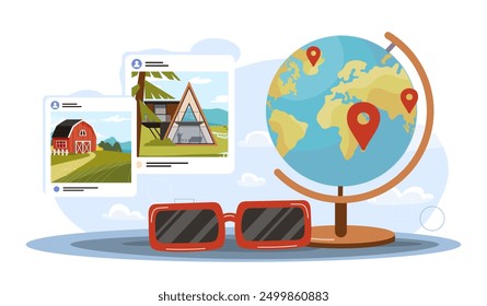 Concepto experto en turismo. Gafas de sol para globo con fotos y fotografías de hermosas vistas. Agencia de turismo. Viajes y turismo. Festiva y vacaciones. Ilustración vectorial plana