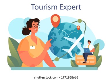 Tourism expert concept. Travel agent selling tour, cruise, airway or railway tickets. Vacation organization agency, hotel booking. Isolated vector illustration