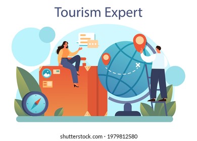 Tourism expert concept. Travel agent selling tour, cruise, airway or railway tickets. Vacation organization agency, hotel booking. Isolated vector illustration