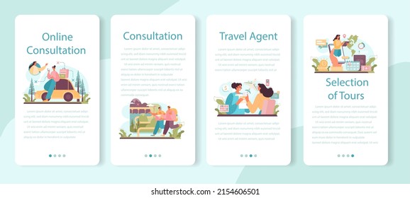 Banner-Set von Tourismusexperten für mobile Anwendungen. Agent erstellen und verkaufen persönliche Reise-Tour. Reisebüro, Resort und Hotelbuchung. Einzelne Vektorgrafik