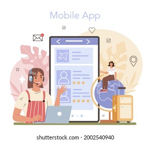 Tourism expert online service or platform. Travel agent selling tour or tickets. Vacation organization agency. Mobile app. Flat vector illustration