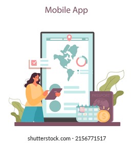 Tourism expert online service or platform. Agent creating and selling personal travel tour. Vacation organization agency. Mobile app. Flat vector illustration