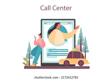 Tourism expert online service or platform. Agent creating and selling personal travel tour. Vacation organization agency. Call center. Flat vector illustration