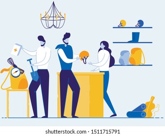 Tourism and Extreme Sports Equipment Shop Interior with Clients and Seller Cartoon Characters. Adventure, Active Recreation and Leisure. Climbing and Hiking Items Store. Flat Vector Illustration.