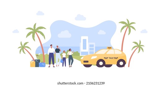 Tourism and family travel concept. Vector flat people illustration. Tourist group of parent with boy and girl hold baggage and backpack on beach and hotel building background. Taxi car transfer symbol