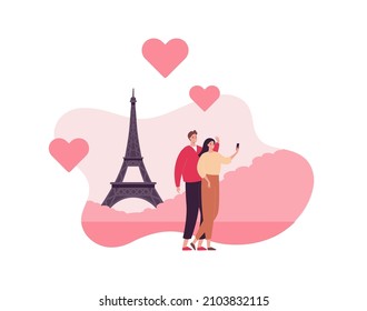 Tourism and famous place travel concept. Vector flat people illustration. Couple of man with woman make selfie on eiffel tower background. Heart shape love symbol. Design for romantic valentine day.