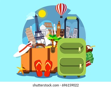 Tourism with famous world landmarks. Vector Illustration. Travel bags and different touristic elements
