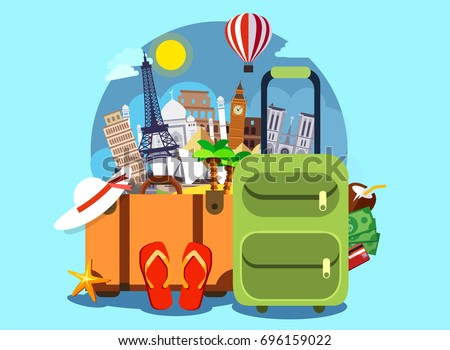 Tourism with famous world landmarks. Vector Illustration. Travel bags and different touristic elements