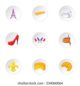 Tourism in France icons set. Cartoon illustration of 9 tourism in France vector icons for web