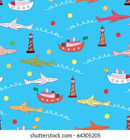 Tourism funny seamless pattern with airplanes and ships