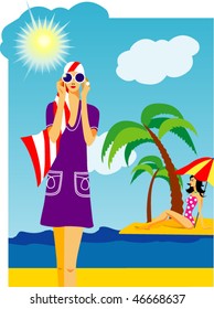 Tourism. Girls on the beach with palms and sea