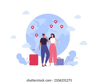 Tourism And Global Travel Concept. Vector Flat People Illustration. Couple Of Female Family Or Friends With Baggage And Suitcase On Planet Earth With Map Pin Background.