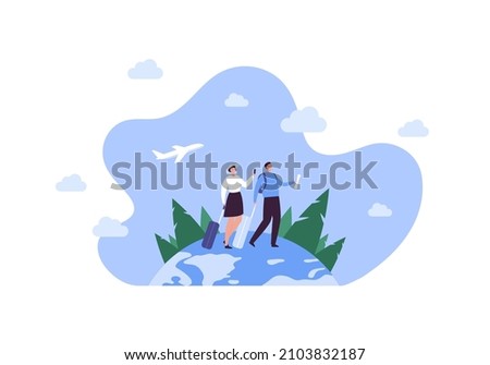Tourism and global travel concept. Vector flat people illustration. Couple of tourist with baggage, map and smartphone on planet earth globe with forest symbol on sky background with air plane.