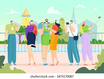 Tourism with guide,vector illustration. Excursion tour for tourist erson group at journey vacation. Traveler man woman travel at sightseeing place, trip lifestyle. People character in adventure.