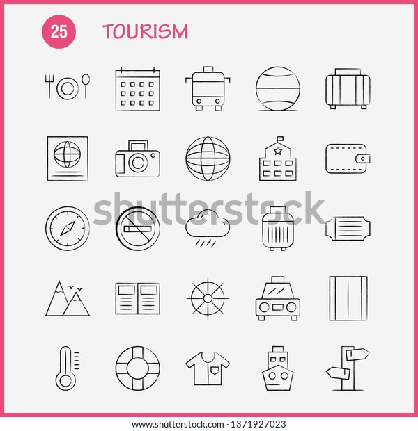 Tourism Hand Drawn Icon Pack For\
Designers And Developers. Icons Of Temperature, Thermometer,\
Weather, No Smoking, Tourism, Travel, Smoking,\
Vector