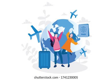 Tourism, Happy Traveler, Flight, Travel, Mobile App, Vector Illustration For Web Banner, Infographics, Mobile.  Checkin Flight