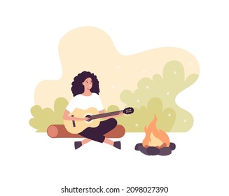 Tourism and hike adventure concept. Vector flat people illustration. Female tourist sitting and playing guitar. Bonfire on abstract forest background. Design for nature park trekking journey.