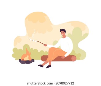 Tourism and hike adventure concept. Vector flat people illustration. Male tourist sitting and prepare food. Bonfire on abstract forest background. Design for nature park trekking journey.