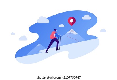 Tourism and hike adventure concept. Vector flat people illustration. Man tourist with walking sticks in hands climbing. Mountain with road and pin on top symbol. Design for travel business.