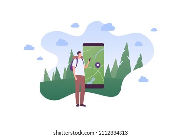 Tourism and hike adventure concept. Vector flat people illustration. Man tourist with smartphone in hands and backpack. Map with pin on smart phone screen. Forest and sky on background.