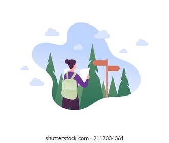 Tourism and hike adventure concept. Vector flat people illustration. Woman tourist with map in hands. Road sign, forest and sky on background. Design for nature park trekking journey.