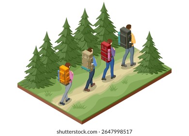 Tourism hike. Isometric illustration: a group of hikers with backpacks walking along a forest trail. Camping gear includes a tent, sleeping bag, campfire, map, axe, thermos, flashlight, and compass.