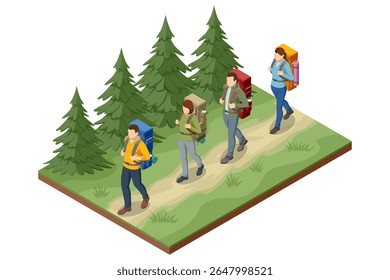 Tourism hike. Isometric illustration: a group of hikers with backpacks walking along a forest trail. Camping gear includes a tent, sleeping bag, campfire, map, axe, thermos, flashlight, and compass.