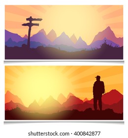 Tourism and hiking banners outdoor recreation, adventures in nature 