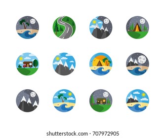 Tourism, hiking, camping, mountain and travel. Icon for web and mobile application. Logotype. Badge. Symbols of nature and camping. Vector illustration on a white background. Flat design style.